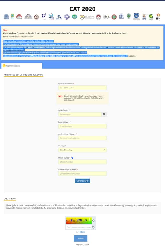 CAT Registration 2020, Application Form Correction (Sep 27), Fees